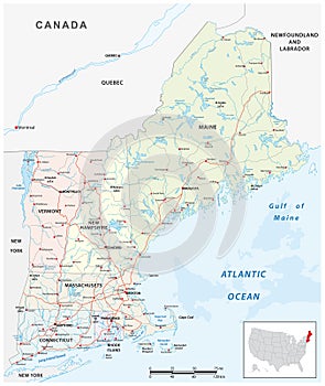 Vector road map of the six new england states, united states
