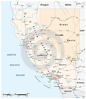 Vector road map of US states California and Nevada