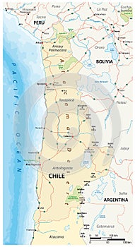 Vector roads and national park map of the Atacama desert in the north of Chile