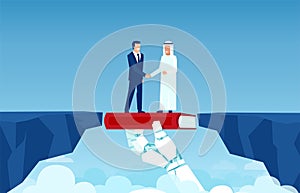 Vector of a robot hand bridging a gap with a book connecting west and east parts of the world, two business men shaking hands