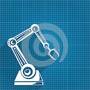 Vector robotic arm symbol on blueprint paper background. robot hand. technology background design