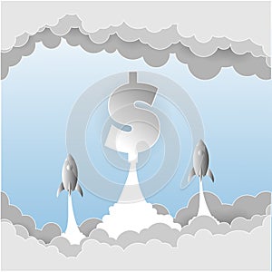 Vector of rocket launch with dollar sign. Rocket ship in a flat