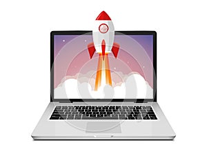 Vector rocket launch website computer concept illustration. Business start rocket launch