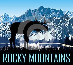 Vector rocky mountains lake with moose photo