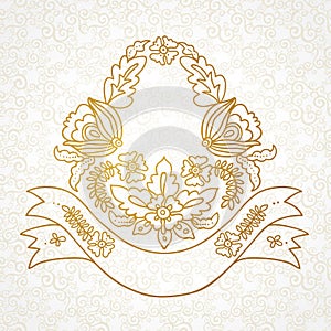 Vector romantic coat of arms with flowers, ribbons, leaves.