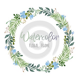 Vector romantic floral round frame with green leaves and blue flowers in watercolor style isolated on white background