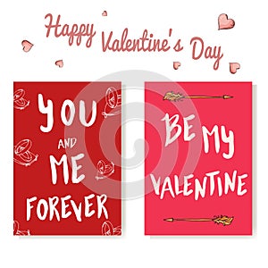 Vector romantic lettering. Set of love cards with quote for love. Be my Valentine.