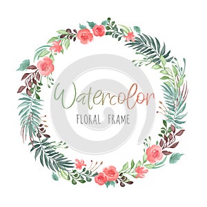 Vector romantic round floral frame with plants and flowers in watercolor style isolated on white background - great for invitation