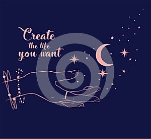 Vector romantic sketch illustration with contour realistic hand with star dust, moon, ring, magic  bracelet, curly cute lettering