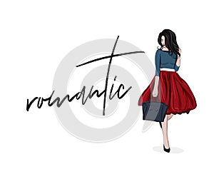 Vector romantic woman in lovely red skirt and navy top. Fashion illustration sketch. Awesome freelancer outfit, casual