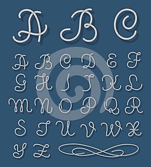 Vector rope font. Nautical alphabet ropes hand drawn letters