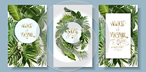 Vector ropical leaves wedding invitation card set