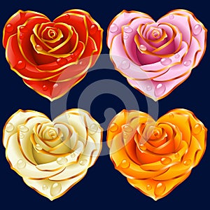 Vector Rose Heart set. Red, yellow, pink and white flowers