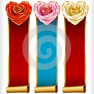 Vector Rose Hearts and Swirl Ribbons vertical Banners set