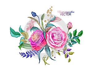 Vector rose lily flower, leaves bouquet pattern