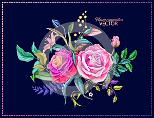 Vector rose lily flower, leaves bouquet pattern