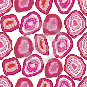 Vector rose pink agate crystal seamless pattern on white. A slice of geode stone minerals or thunder egg.