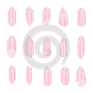 Vector rose quartz crystals set isolated on the white background