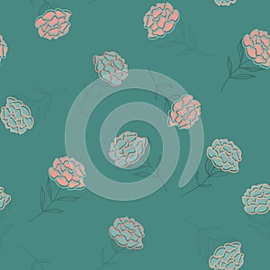 Vector Rosegold Peonies with Green Leaves seamless pattern background.