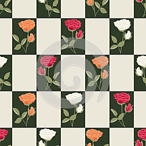 Vector Roses Flowers in Red Orange White in Green Beige Squares Seamless Repeat Pattern. Background for textiles, cards