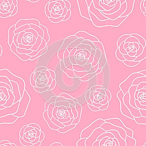 Vector roses white outline seamless pattern on the pink background