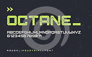 Vector rough industrial style display font, modern blocky typeface, futuristic uppercase letters and numbers, alphabet.