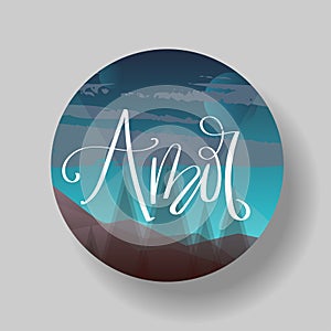 Vector round badge design 3D model. Decorated with hand drawn `amor` lettering