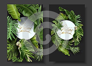 Vector round banners with green tropical leaves