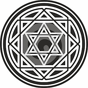 Vector round black monochrome jewish national ornament. Star of David. Semitic folk circle, pattern