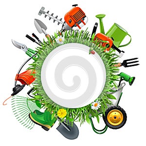 Vector Round Blank Frame with Gardening Tools