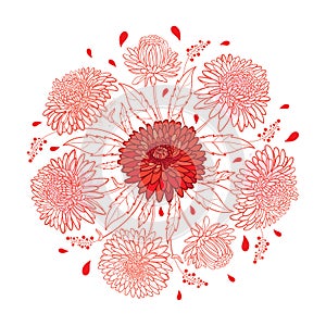 Vector round bouquet with outline Aster flower, ornate foliage and bud in pastel pink and red colored isolated on white background