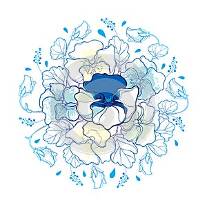 Vector round bouquet with outline Pansy or Heartsease flower, bud and ornate foliage in pastel blue and yellow isolated on white.