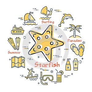 Vector round concept of ctarfish and summer icons