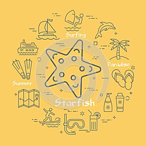 Vector round concept of starfish and summer icons