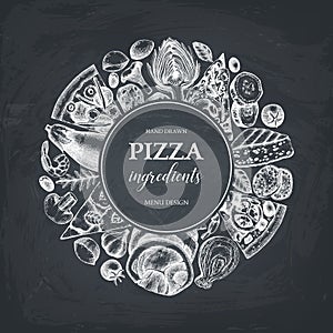 Vector round design with hand drawn pizza ingredients sketches. Vintage frame for pizzeria or cafe menu with meat, seafood, cheese