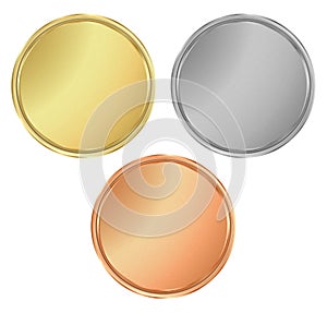 Vector round empty textured gold silver bronze medals. It can b