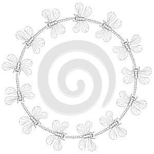 Vector round frame, border from contoured cute dragonflies in Doodle style. Glade, forest edge
