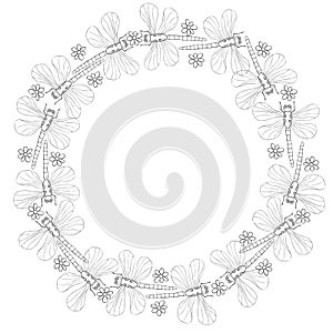 Vector round frame, border from contoured cute dragonflies and flowers in Doodle style. Glade, forest edge