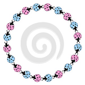 Vector round frame, border from cute blue pink ladybugs. Simple decoration for spring, summer, natural, kids design