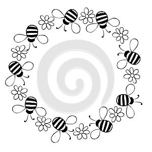 Vector round frame, border, wreath from contoured fat little bees and flowers. Cute cartoon honey insects on glade