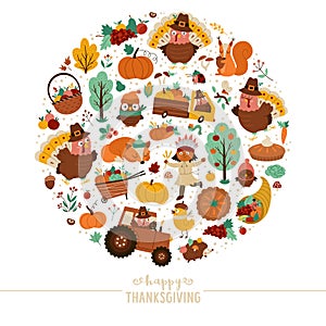 Vector round frame with comic turkey, forest animals, Thanksgiving elements, pumpkins, harvest. Autumn card template design for