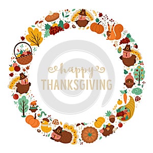 Vector round frame with comic turkey, forest animals, Thanksgiving elements, pumpkins, harvest. Autumn wreath or card template