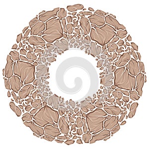 Vector round frame of dray clay stones and copy space. Earthquake danger. Circle clipart smashed earthy rocks with cracks