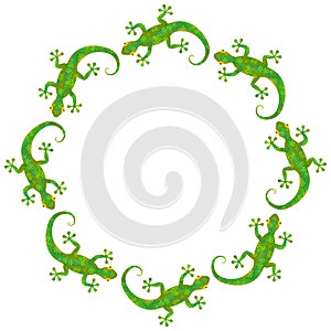 Vector round frame of green gecko lizards