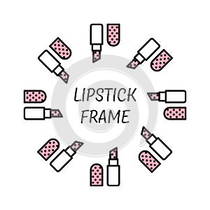 Vector round frame of lipstick icons in a flat linear style with white and pink fill and black stroke