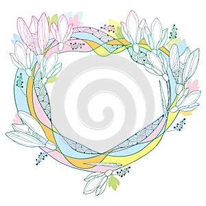 Vector round frame with ornate Snowdrop flowers or Galanthus in pastel colors isolated on white back. Outline floral elements.