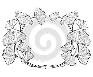 Vector round frame with outline Gingko or Ginkgo biloba leaves. Bunch with ornate leaf in black isolated on white background.