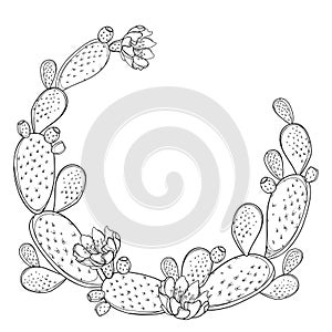 Vector round frame of outline Indian fig Opuntia or prickly pear cactus, flower and spiny stem in black isolated on white.