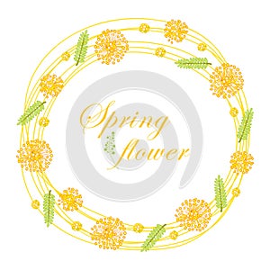 Vector round frame with outline Mimosa or Acacia dealbata or silver wattle yellow flower and green leaf isolated on white.