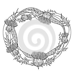 Vector round frame of outline Thistle or Carduus plant, spiny leaf, bud and flower in black isolated on white background.